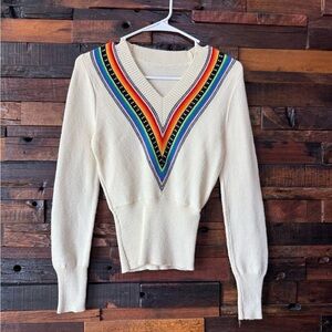 Vintage 70s Rainbow Chevron Sweater V Neck Fitted Retro Ski Preppy Knit